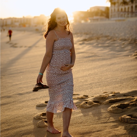 Pink Floral Chiffon Smocked Tiered Square Neck Maternity Midi Dress - Picture 2 of 3